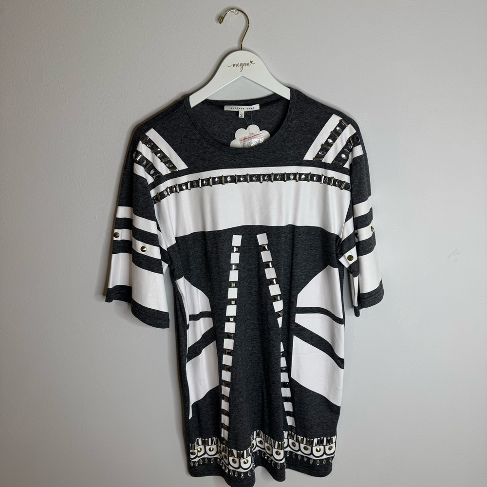 NWT Endless Rose | Gray and White Studded and Graphic T-Shirt Dress | Size Large